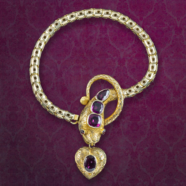 Antique Victorian Garnet Snake Heart Bracelet 18ct Gold With Locket And Box