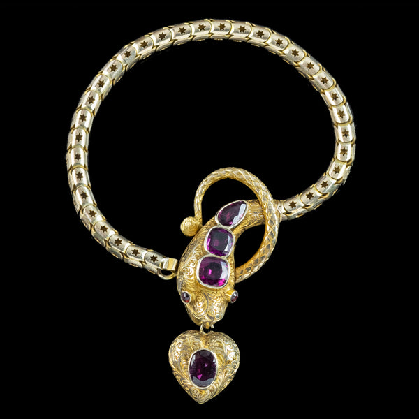 Antique Victorian Garnet Snake Heart Bracelet 18ct Gold With Locket And Box