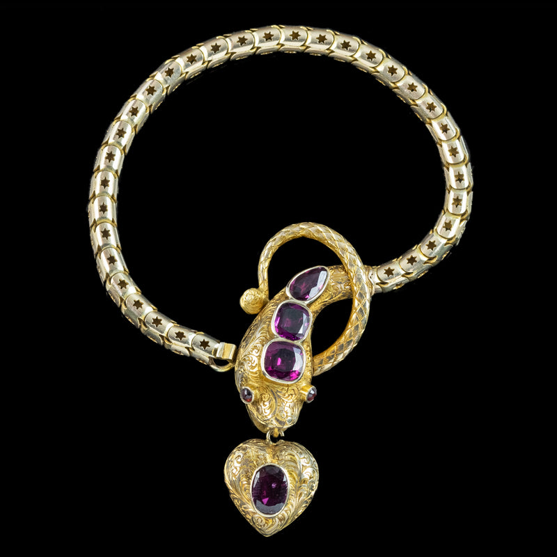 Antique Victorian Garnet Snake Heart Bracelet 18ct Gold With Locket And Box