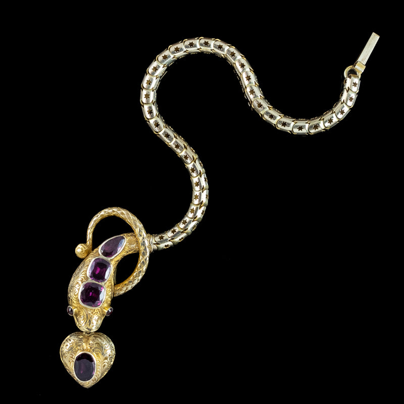 Antique Victorian Garnet Snake Heart Bracelet 18ct Gold With Locket And Box