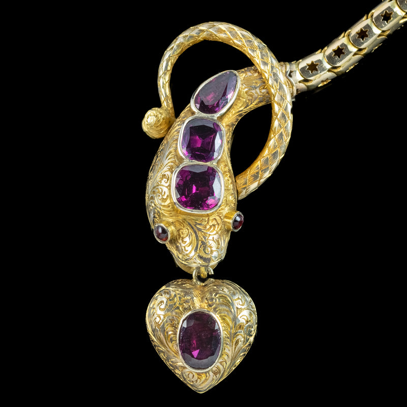 Antique Victorian Garnet Snake Heart Bracelet 18ct Gold With Locket And Box
