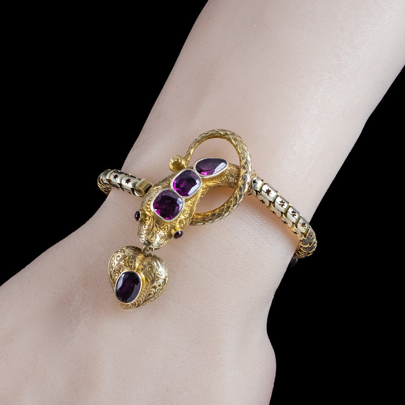 Antique Victorian Garnet Snake Heart Bracelet 18ct Gold With Locket And Box