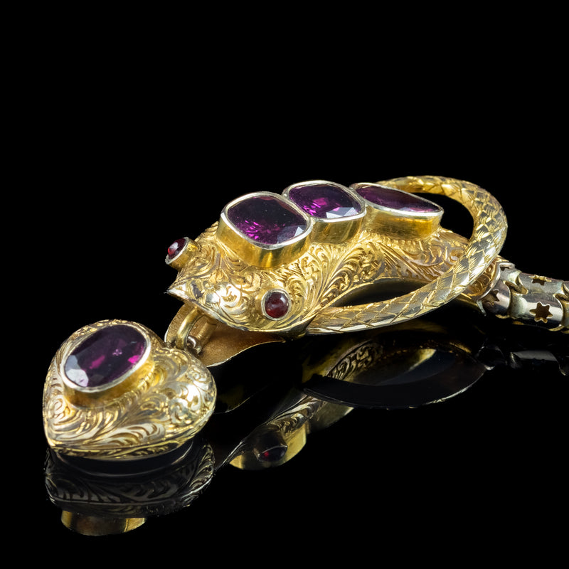 Antique Victorian Garnet Snake Heart Bracelet 18ct Gold With Locket And Box
