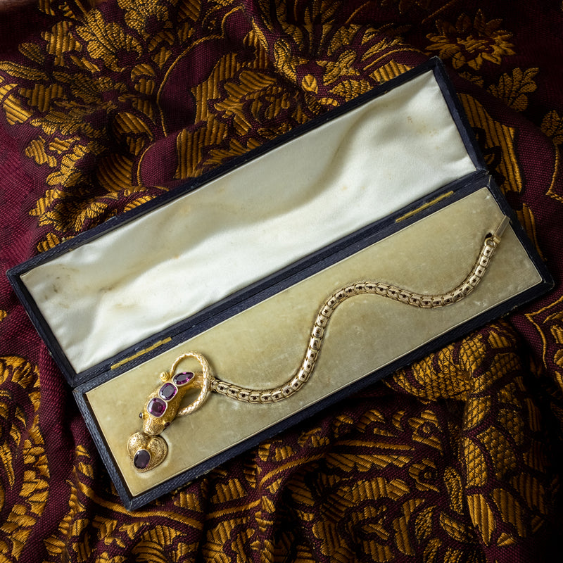 Antique Victorian Garnet Snake Heart Bracelet 18ct Gold With Locket And Box