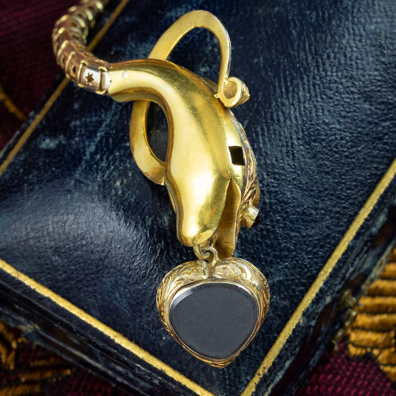 Antique Victorian Garnet Snake Heart Bracelet 18ct Gold With Locket And Box