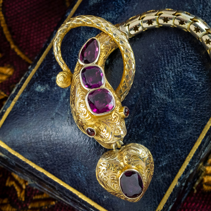 Antique Victorian Garnet Snake Heart Bracelet 18ct Gold With Locket And Box