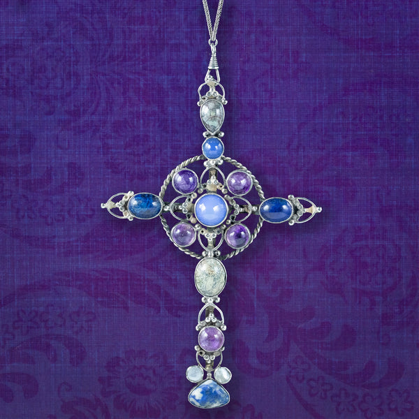 Antique Victorian Gemstone Cross Pendant And Silver Guard Chain Necklace