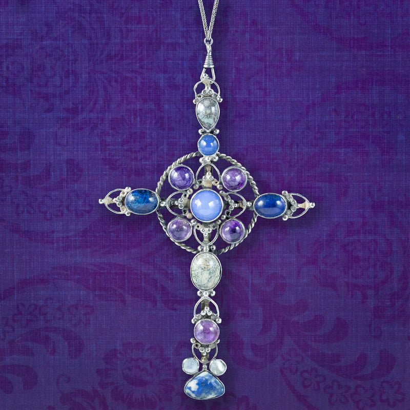 Antique Victorian Gemstone Cross Pendant And Silver Guard Chain Necklace