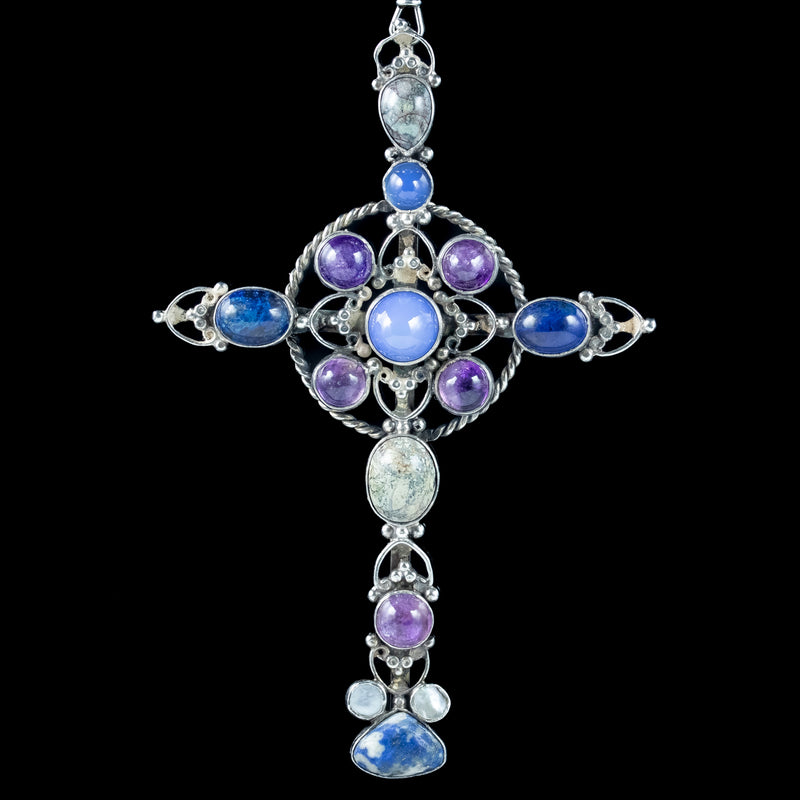 Antique Victorian Gemstone Cross Pendant And Silver Guard Chain Necklace