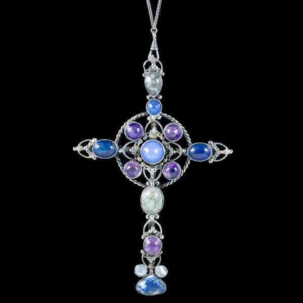 Antique Victorian Gemstone Cross Pendant And Silver Guard Chain Necklace