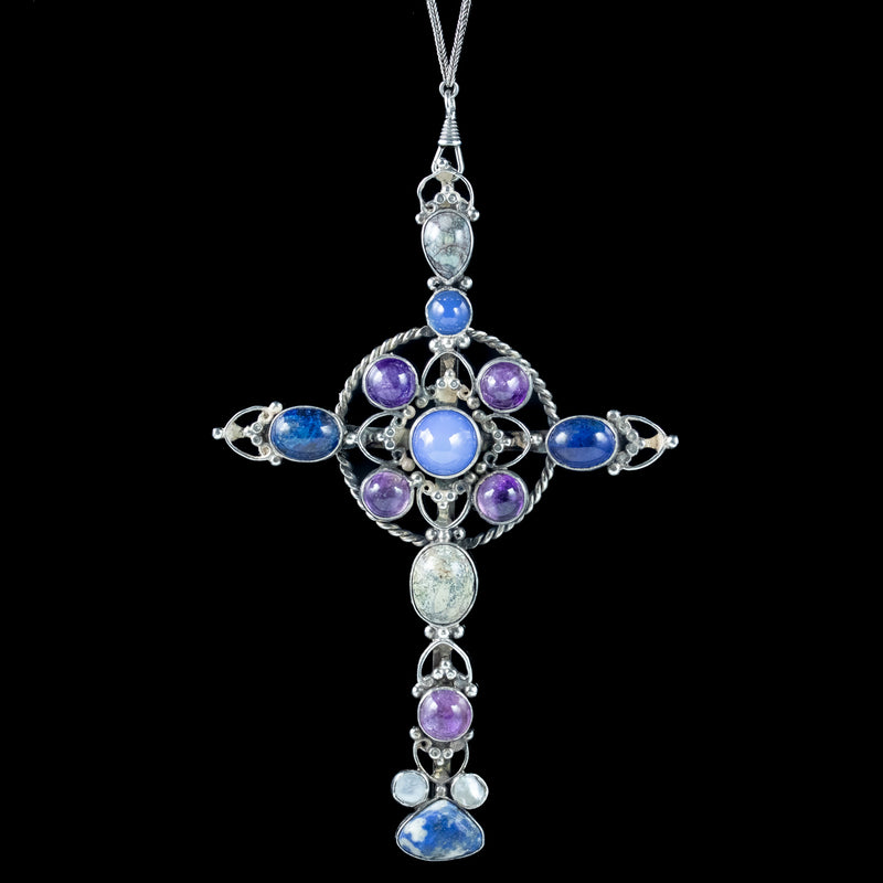 Antique Victorian Gemstone Cross Pendant And Silver Guard Chain Necklace