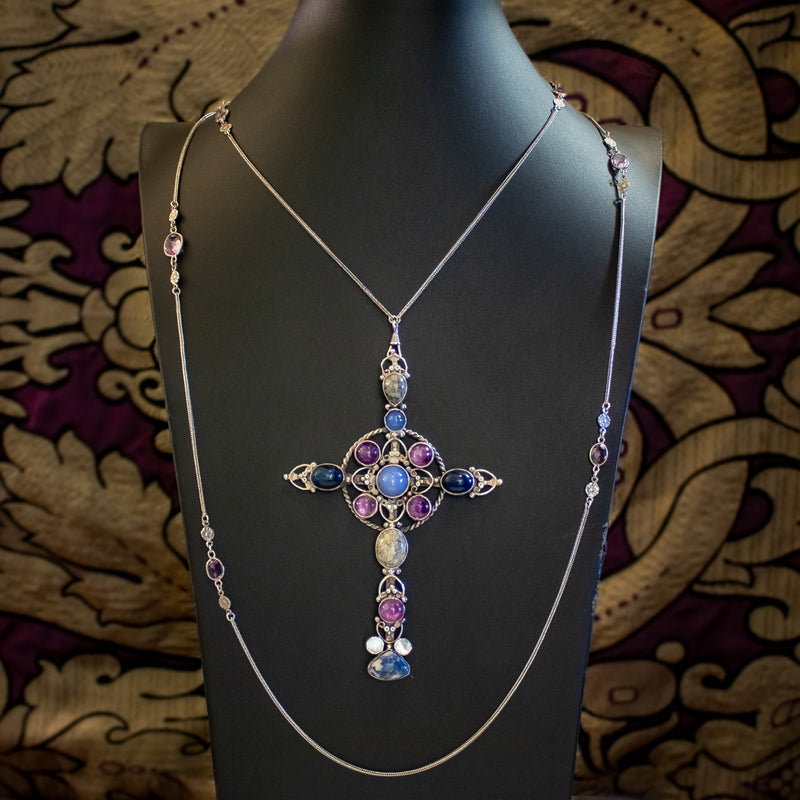 Antique Victorian Gemstone Cross Pendant And Silver Guard Chain Necklace