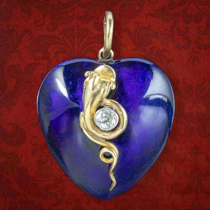 Antique Victorian Guilloche Enamel Heart Pendant Diamond Snake And Locket 