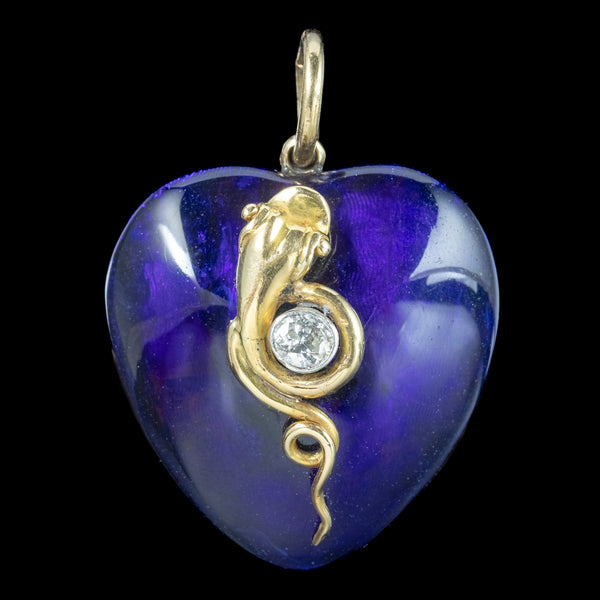 Antique Victorian Guilloche Enamel Heart Pendant Diamond Snake And Locket 