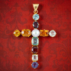 Antique Victorian Harlequin Gemstone Cross Pendant 18ct Gold