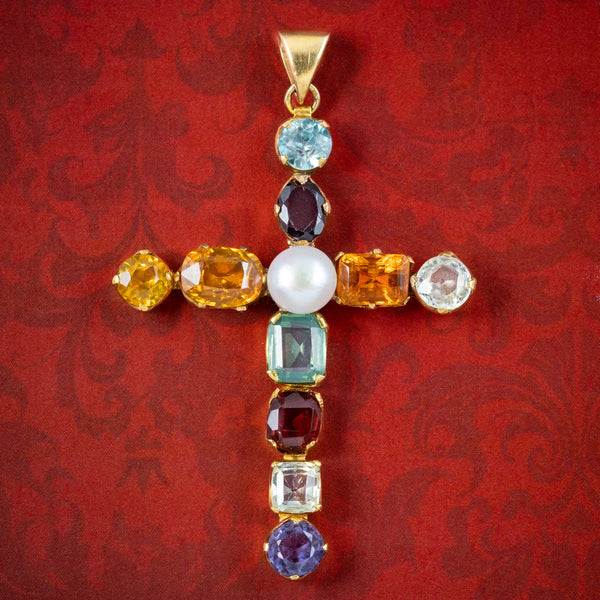 Antique Victorian Harlequin Gemstone Cross Pendant 18ct Gold