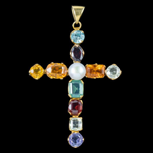 Antique Victorian Harlequin Gemstone Cross Pendant 18ct Gold