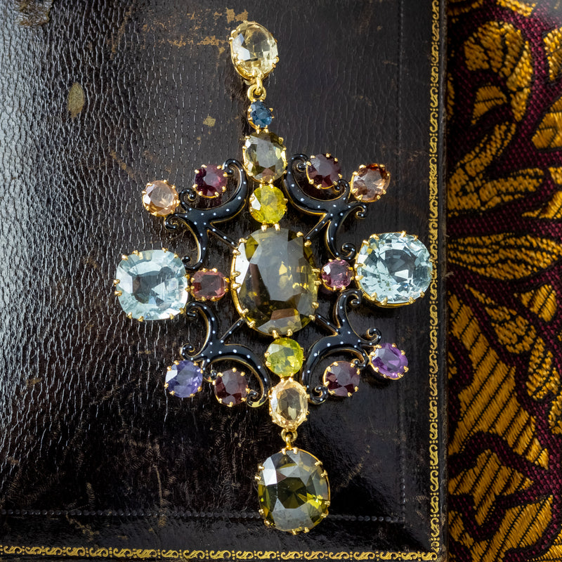 Antique Victorian Large Multi-Gemstone Harlequin Pendant With Box