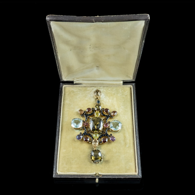 Antique Victorian Large Multi-Gemstone Harlequin Pendant With Box