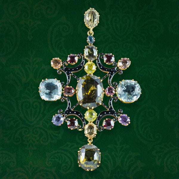 Antique Victorian Large Multi-Gemstone Harlequin Pendant With Box