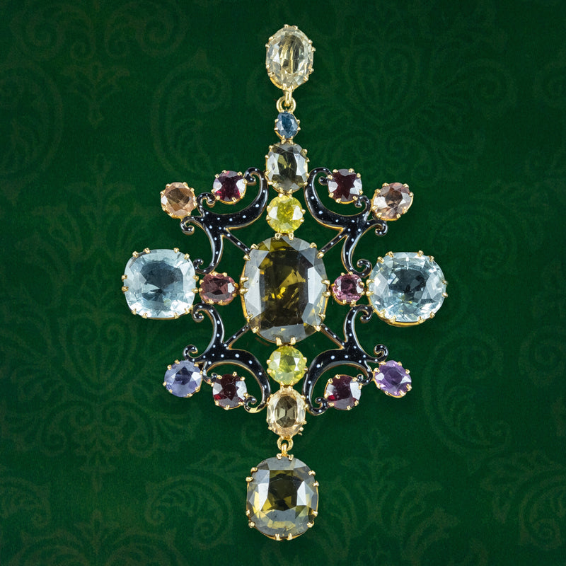 Antique Victorian Large Multi-Gemstone Harlequin Pendant With Box