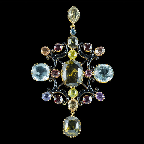 Antique Victorian Large Multi-Gemstone Harlequin Pendant With Box
