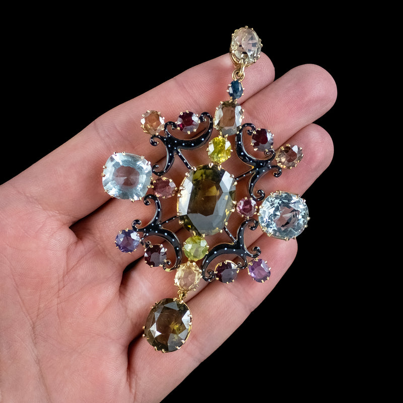 Antique Victorian Large Multi-Gemstone Harlequin Pendant With Box
