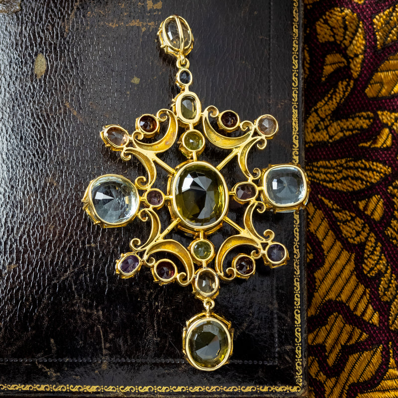 Antique Victorian Large Multi-Gemstone Harlequin Pendant With Box