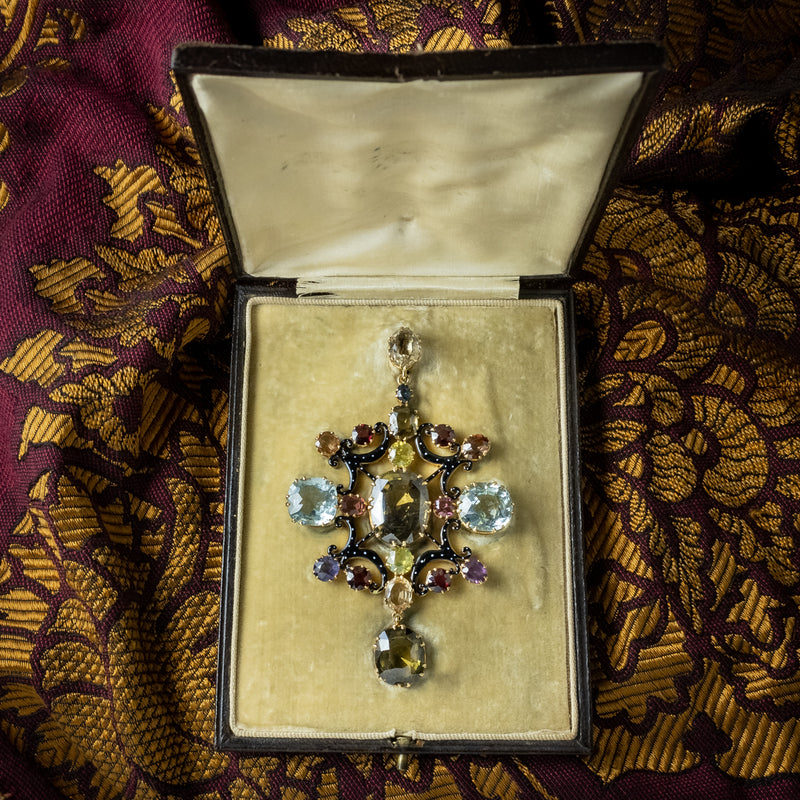 Antique Victorian Large Multi-Gemstone Harlequin Pendant With Box