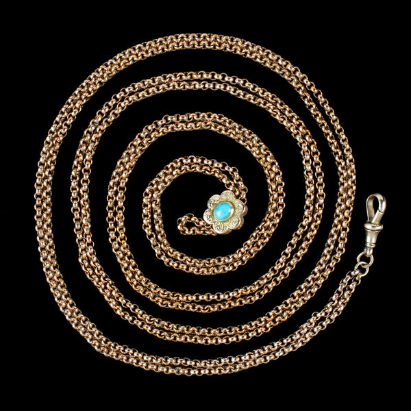 Antique Victorian Long Guard Chain 9ct Gold Turquoise Slider 