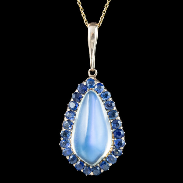 Antique Victorian Moonstone Sapphire Pendant Necklace 15ct Moonstone 