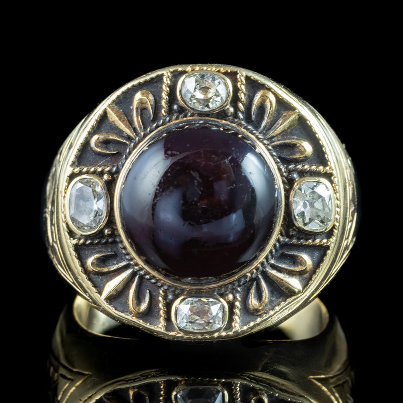 Antique Victorian Mourning Bishop Ring Garnet Diamond Inscribed Abbot Leo 1888