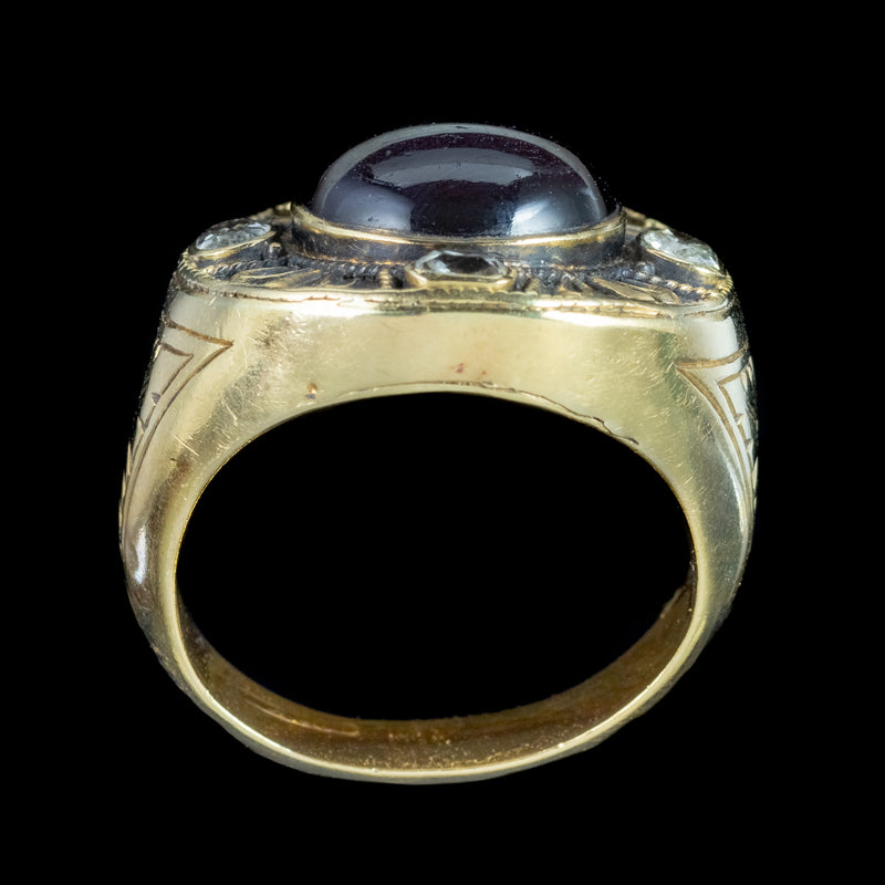 Antique Victorian Mourning Bishop Ring Garnet Diamond Inscribed Abbot Leo 1888