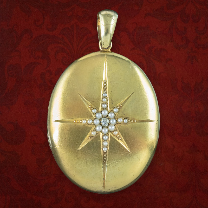 Antique Victorian Mourning Pearl Diamond Star Locket 15ct Gold