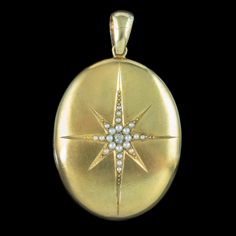 Antique Victorian Mourning Pearl Diamond Star Locket 15ct Gold