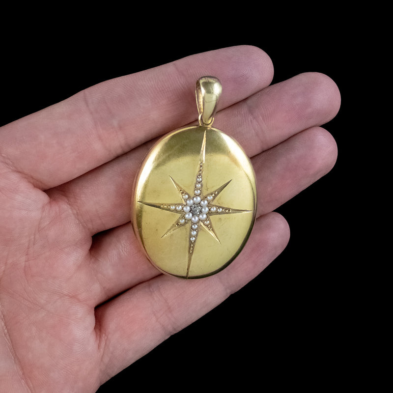 Antique Victorian Mourning Pearl Diamond Star Locket 15ct Gold