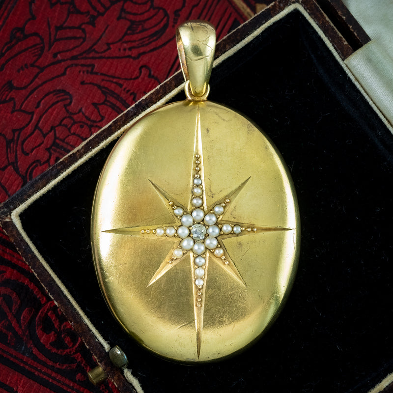Antique Victorian Mourning Pearl Diamond Star Locket 15ct Gold