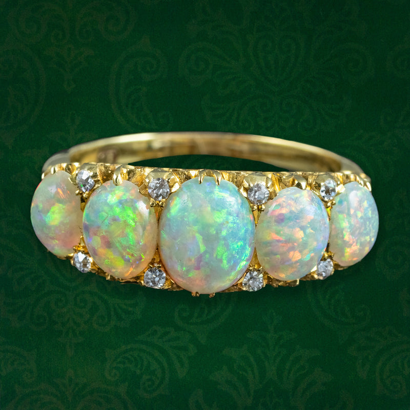 Antique Victorian Natural Opal Diamond Five Stone Ring