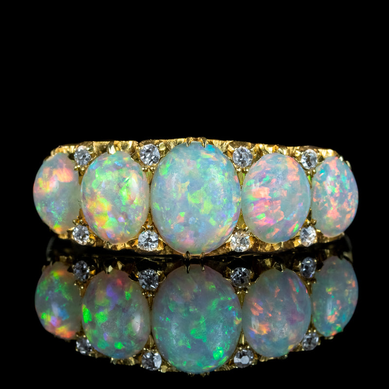 Antique Victorian Natural Opal Diamond Five Stone Ring