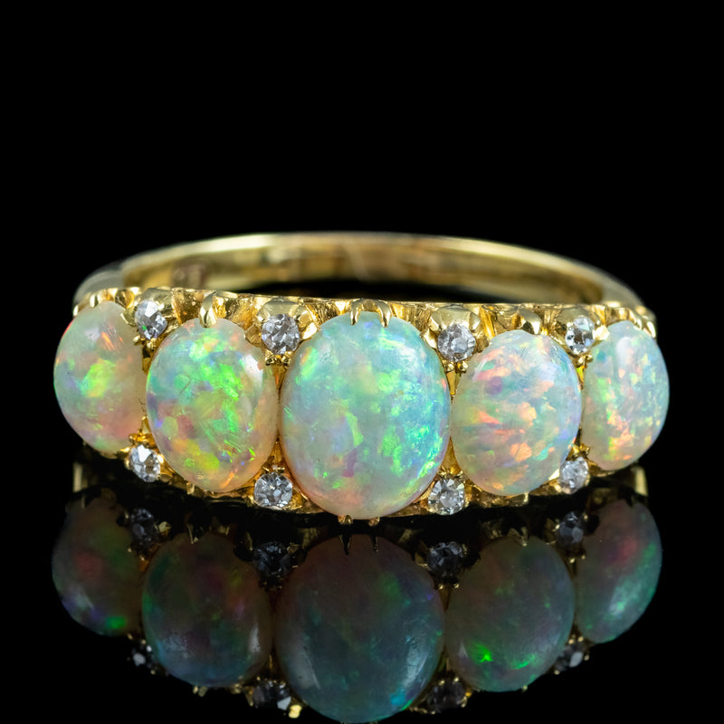 Antique Victorian Natural Opal Diamond Five Stone Ring