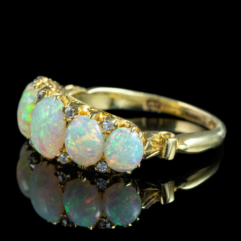 Antique Victorian Natural Opal Diamond Five Stone Ring