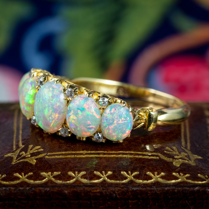 Antique Victorian Natural Opal Diamond Five Stone Ring