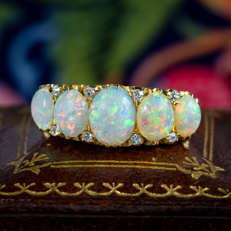 Antique Victorian Natural Opal Diamond Five Stone Ring