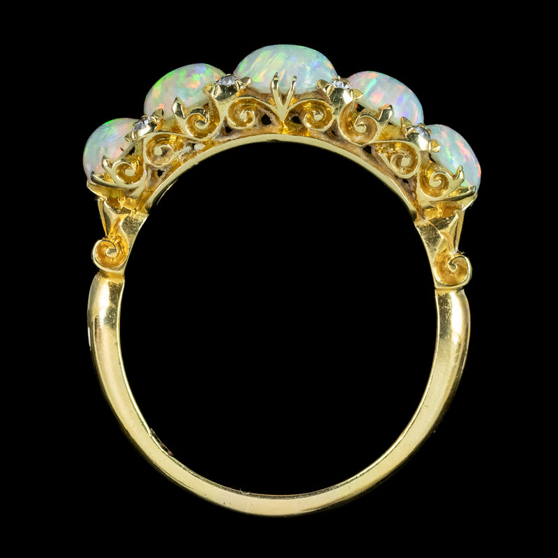 Antique Victorian Natural Opal Diamond Five Stone Ring