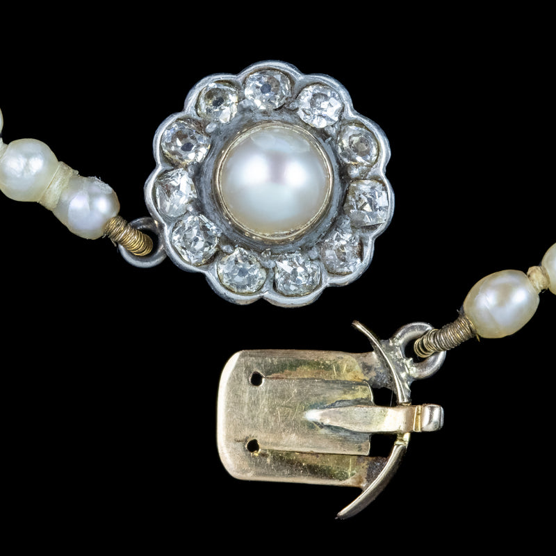 Antique Victorian Natural Baroque Pearl Necklace Diamond Flower Clasp