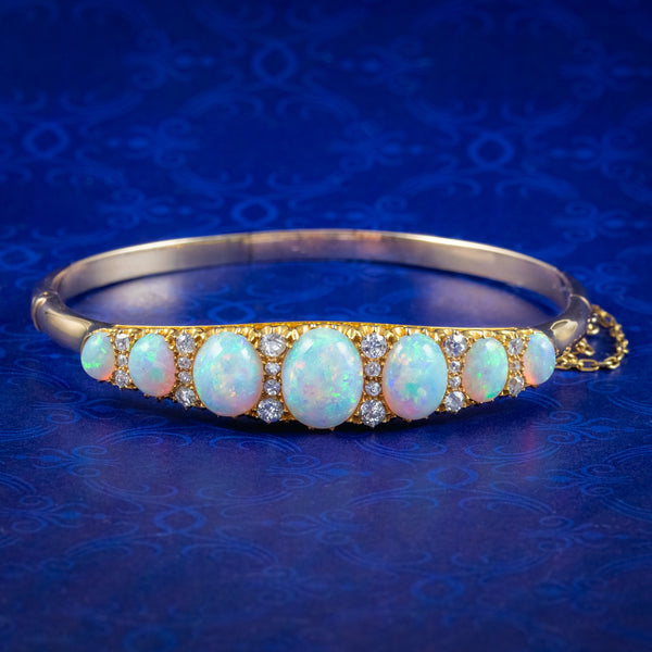 Antique Victorian Opal Diamond Bangle 18ct Gold 7.3ct Of Opal