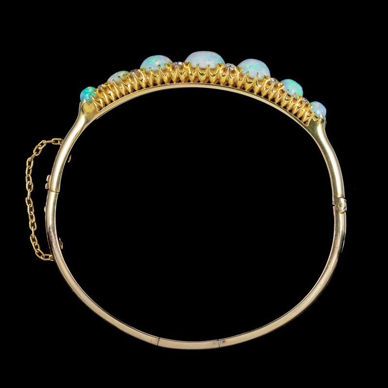 Antique Victorian Opal Diamond Bangle 18ct Gold 7.3ct Of Opal