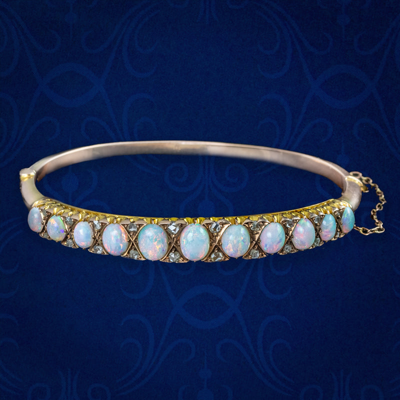 Antique Victorian Opal Diamond Bangle 15ct Gold