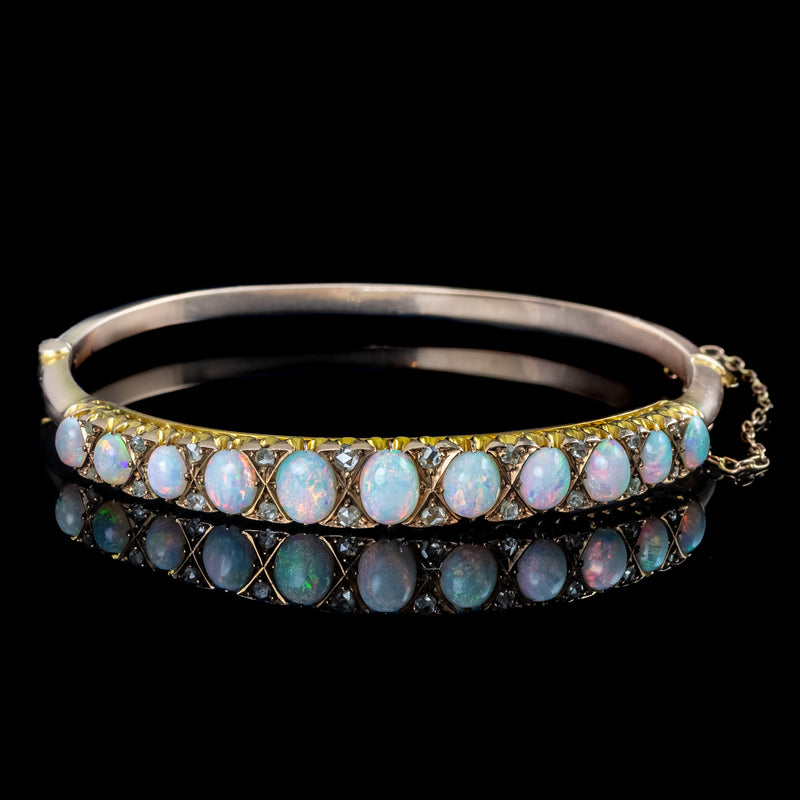 Antique Victorian Opal Diamond Bangle 15ct Gold