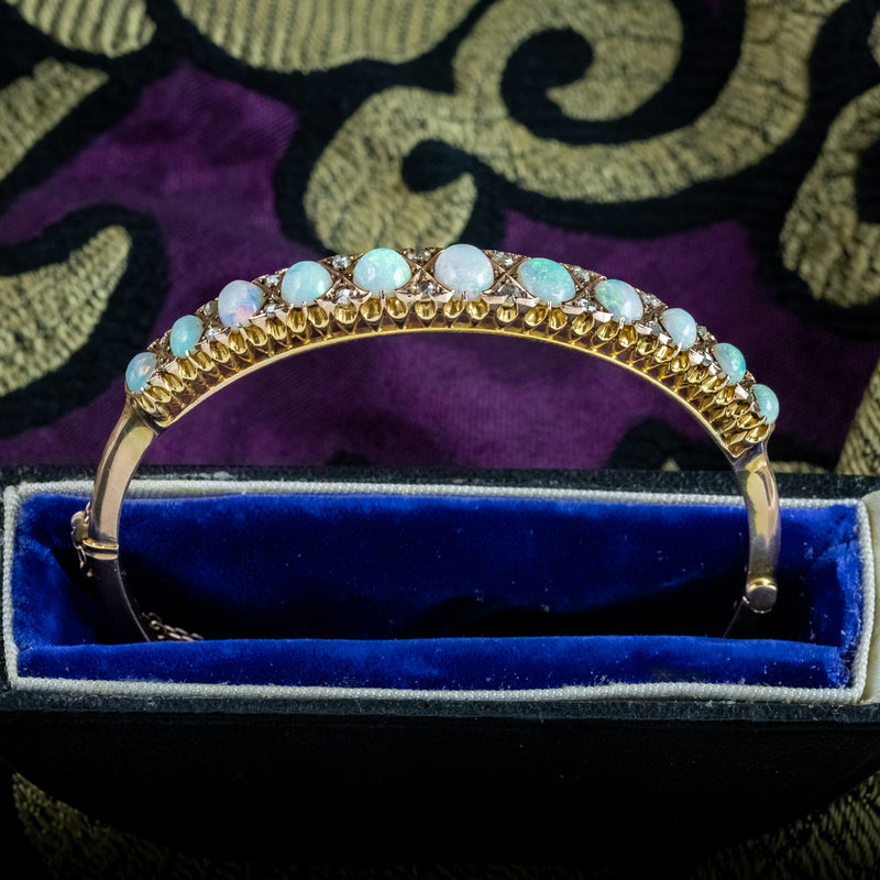 Antique Victorian Opal Diamond Bangle 15ct Gold